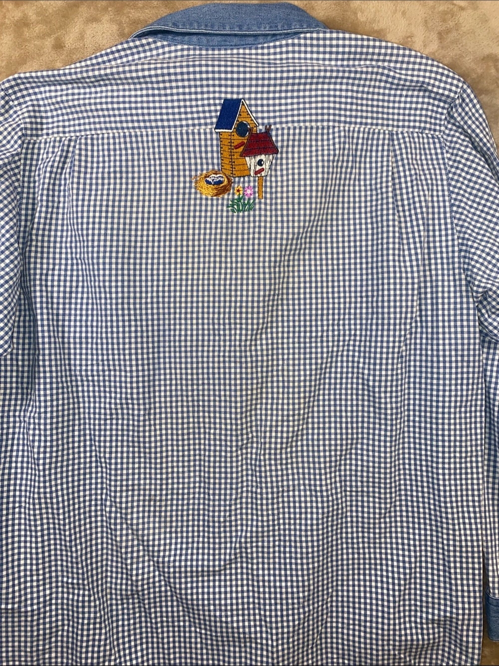 Quaker Factory Blue Gingham Button-Up Shirt with Embroidered Birdhouses - Picture 7 of 7